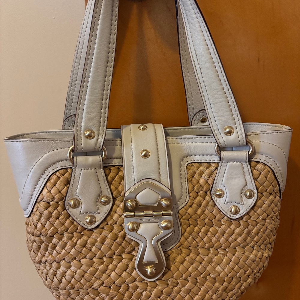 Michael Kors Leather And Straw Basket Weave Bag